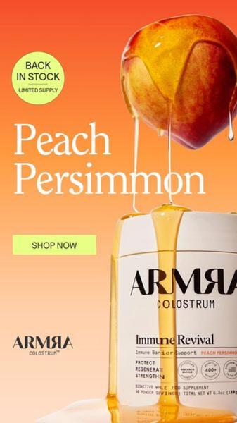 A 9:16 vertical mobile ad featuring a premium Colostrum supplement container bathed in rich, honey-toned liquid against an orange gradient background.